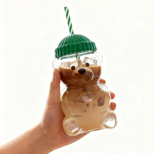 Adorable Bear Straw Glass Cup, 20oz Clear Glass Drinking Bottle With Straw, Portable Clear Drinkware Drink Containers for Coffee, Juice, Milk, Tea, Ideal Gift for Girls, Teens, Parties, Beach Travel, Straw Water Bottle