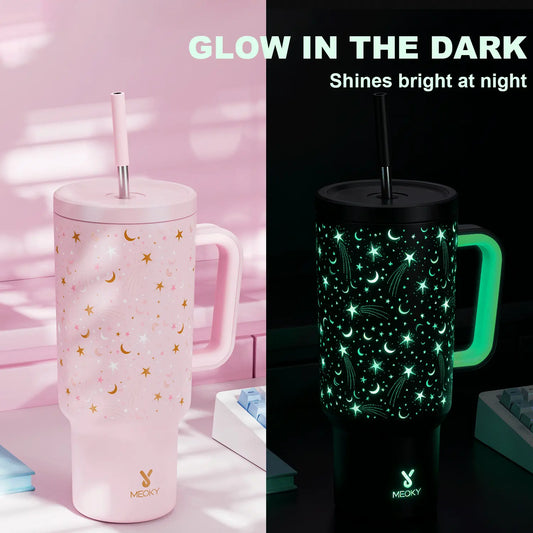 MEOKY 40oz Glow-in-the-Dark Star Print Blush Pink Leakproof Tumbler with Handle - Double Wall Insulated Stainless Steel Vacuum Flask, Non-Slip Base, Car-Friendly BPA-Free, Built-in Straw, Glow Pink Starry, Fun Design #tiktokshopstockup,sohochic