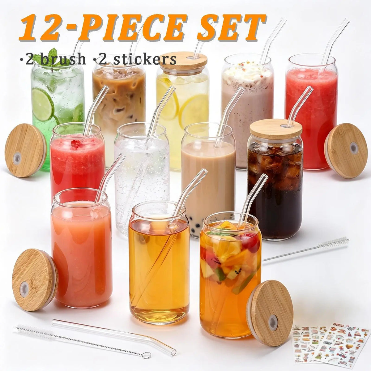 4pcs 24oz Non-Striped Glass Cups with Bamboo Lids, Straws, Glass Body & Handle Grip - Portable Classic Cold Beverage Tumbler, Reusable On-The-Go Kitchen Drinkware, Perfect for Gifts