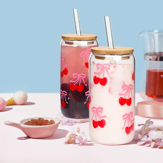 Summervibes 20oz Cherry Print Glass Tumblers with Bamboo Lids & Straws, Cute Drinking Glasses for Women, Reusable, pink bow