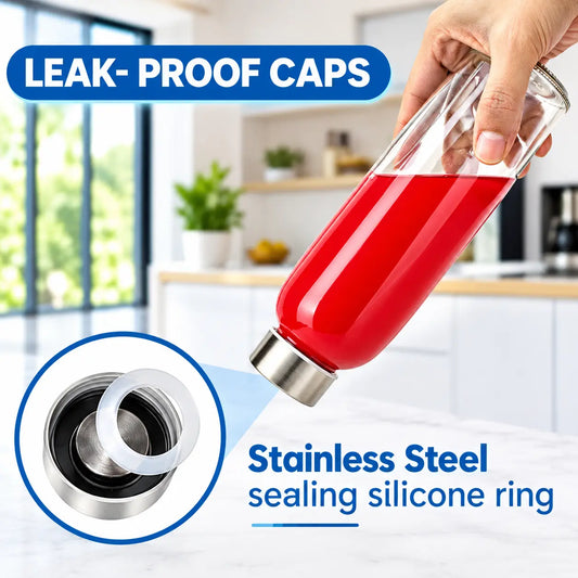 Glass Bottles with Stainless Steel Lids Set of 6 | Leakproof BPA-Free Reusable Juice & Water Bottles for Refrigerator