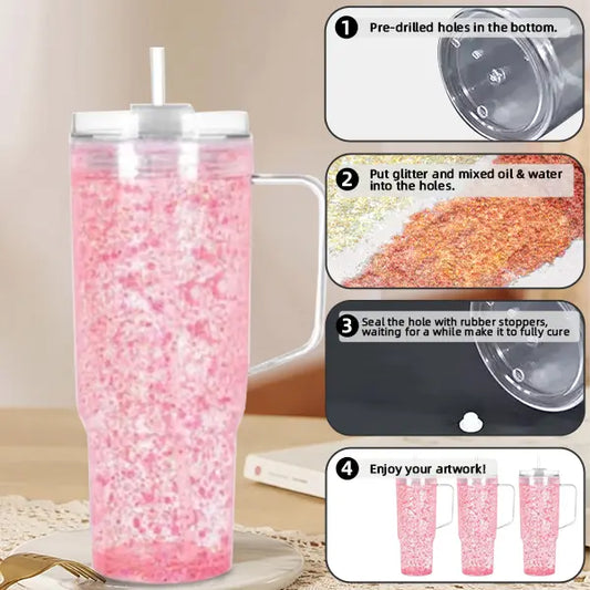 VAKAROTK 20pcs 40oz Snow Globe Acrylic Handle Tumbler, Double-Wall Plastic Cup with Handle Straw, DIY Glitter Gift Drinkware Bottle