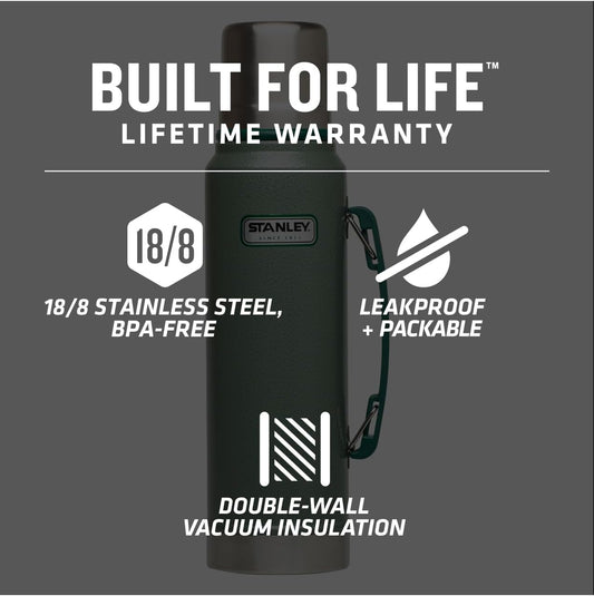 Stanley Heritage Classic Vacuum Bottle with Handle 1.1 qt | Wide Mouth w/Leakproof Cup Lid | Keep Drinks Hot or Cold | Insulated Stainless Steel Thermal Bottle | BPA-Free | Hammertone Green