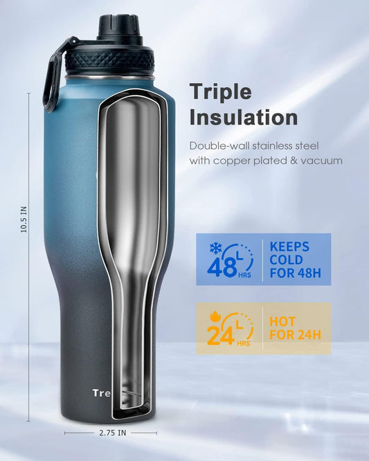 Trebo 40 oz Water Bottle Insulated Fit in Any Car Cup Holder with 2 Lids