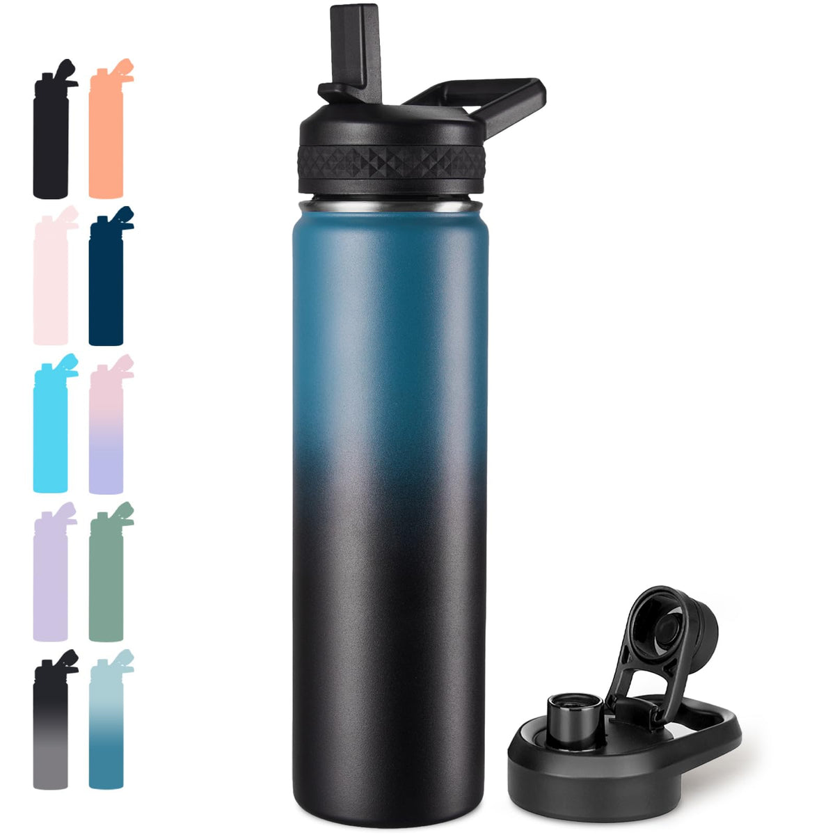 Fijinhom Insulated Water Bottle with Handle, 304 Stainless Steel Water Bottles with Wide Mouth, Double Wall Vacuum Sports Water Bottle, BPA Free, Keep Cold and Hot, 24 Ounces, Black