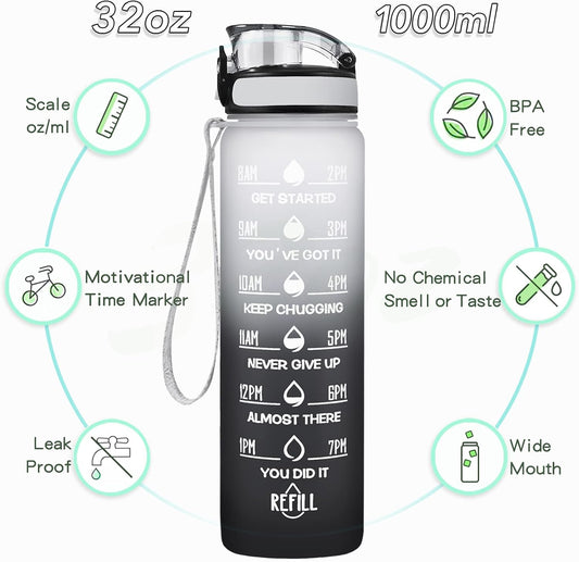 Enerbone Water Bottle, Leakproof BPA & Toxic Free, Motivational Water Bottle with Times to Drink and Straw, Fitness Sports Water Bottle with Strap for Office, Gym, Outdoor Sports