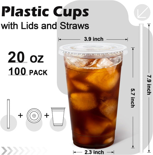 100 Pack 20 oz Plastic Cups, Clear Disposable Iced Coffee Cups