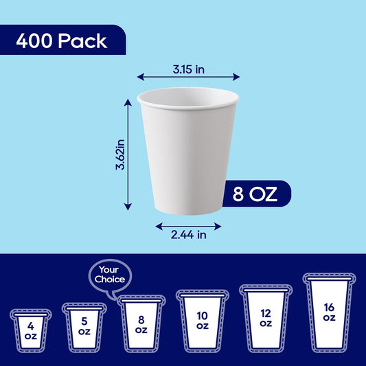 LITOPAK 400 Pack 8 oz Paper Cups, White Disposable Coffee Cups