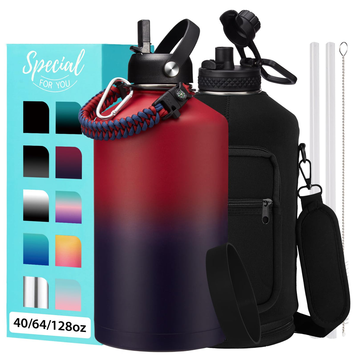 32/40/64OZ Insulated Water Bottle - Keep Cold 48H Hot 24H, Combo Straw/Spout Lids, Paracord Handle for Gym/Hiking, Carrier Bag +Strap, Cup Mat, BPA-Free Stainless Steel Flask Jug