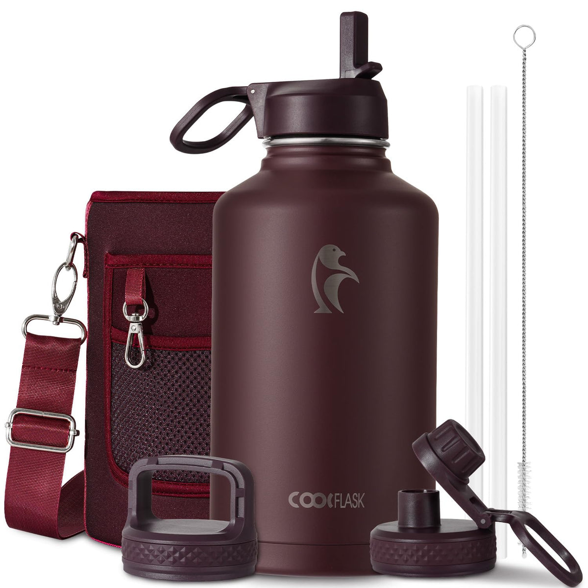 Coolflask 40 oz Water Bottle Insulated with Straw & 3 Leakproof Lids