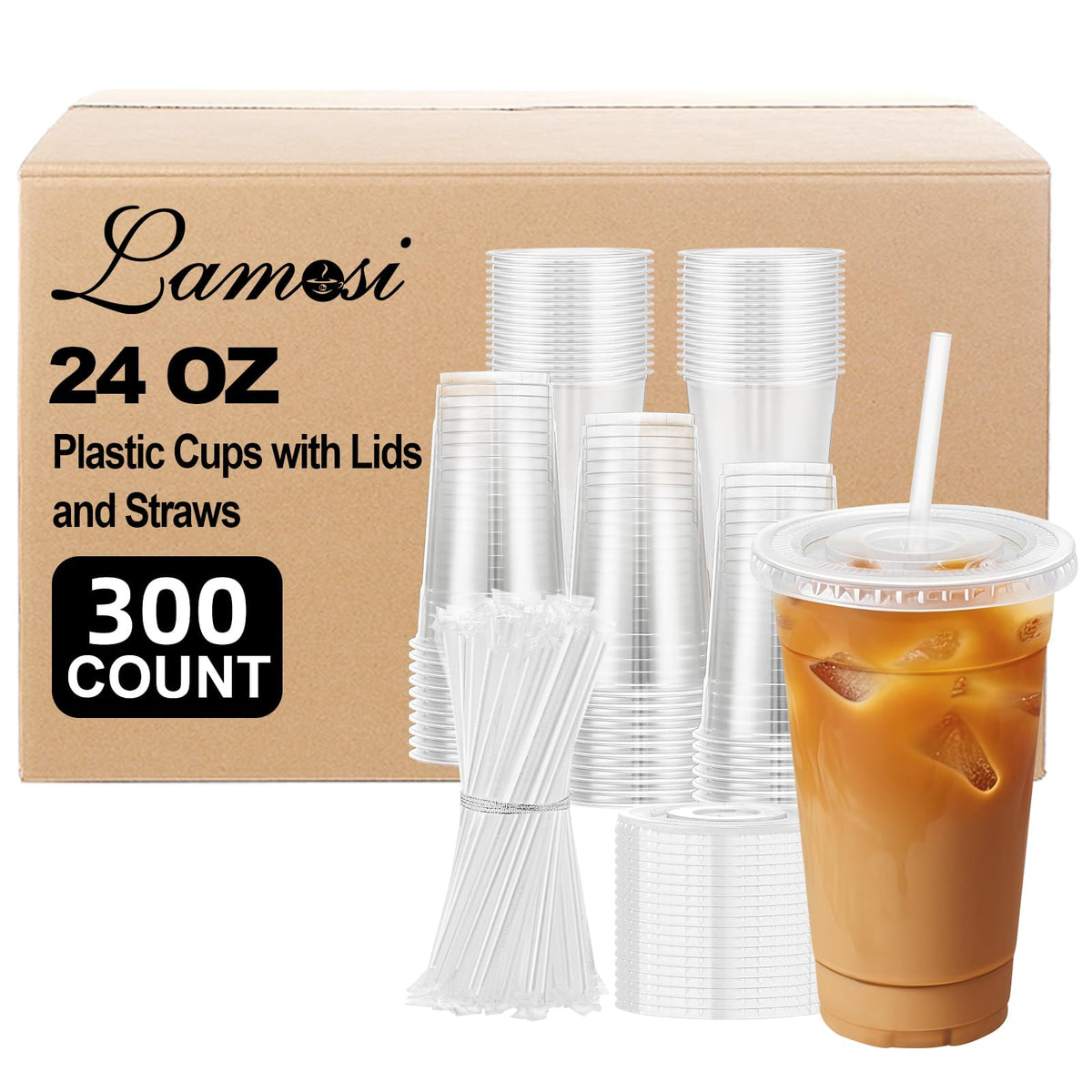 Lamosi 100 Pack 20 oz Plastic Coffee Cups with Lids, Disposable Clear Cups
