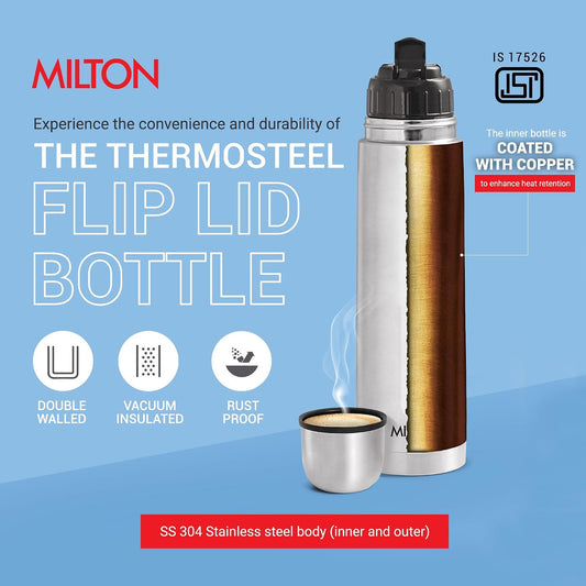 Milton Flask 34 oz Insulated Water Bottle with Cover, Flip Lid, Thermosteel