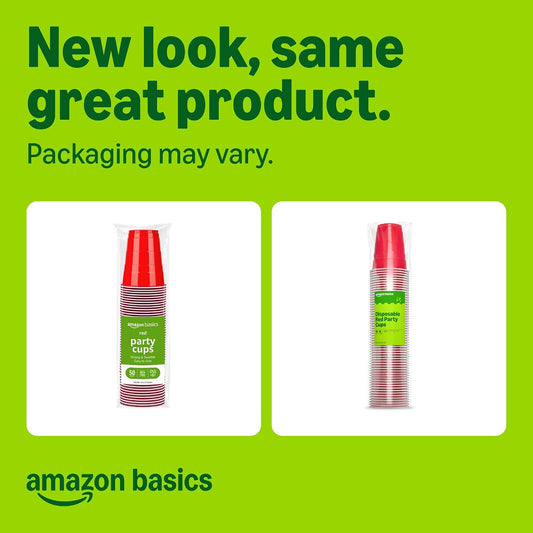 Amazon Basics Disposable Plastic Party Cups, Red, 18oz, 50 Count, Packaging May Vary