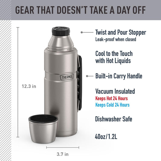 THERMOS Stainless King Vacuum-Insulated Beverage Bottle, 40 Ounce, Matte Stainless Steel