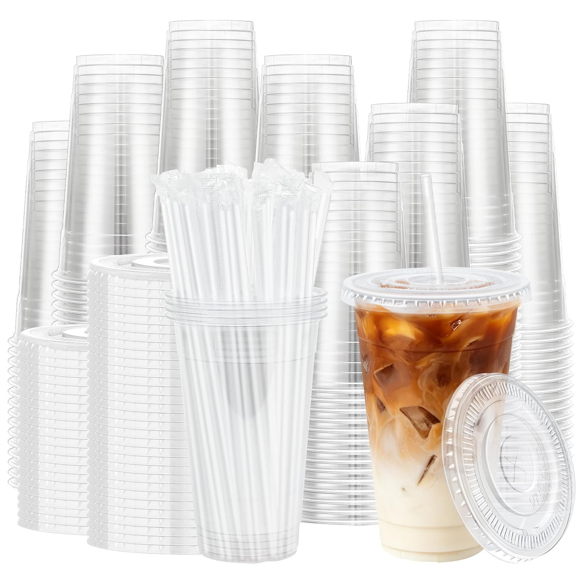 Lamosi 100 Pack 16 oz Clear Plastic Cups with Lids and Straws