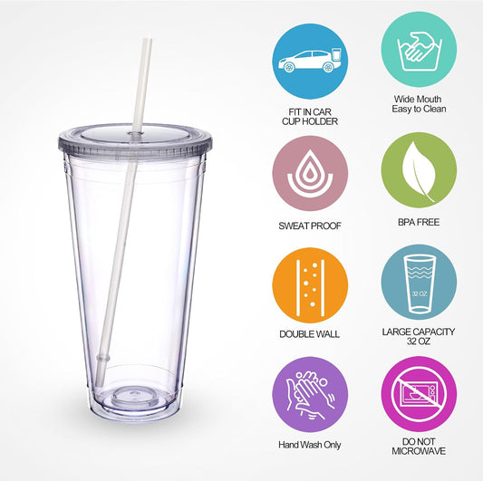 Zukro Clear Double Wall Plastic Tumbler with Lid and Straw 32 oz, 2 Pack