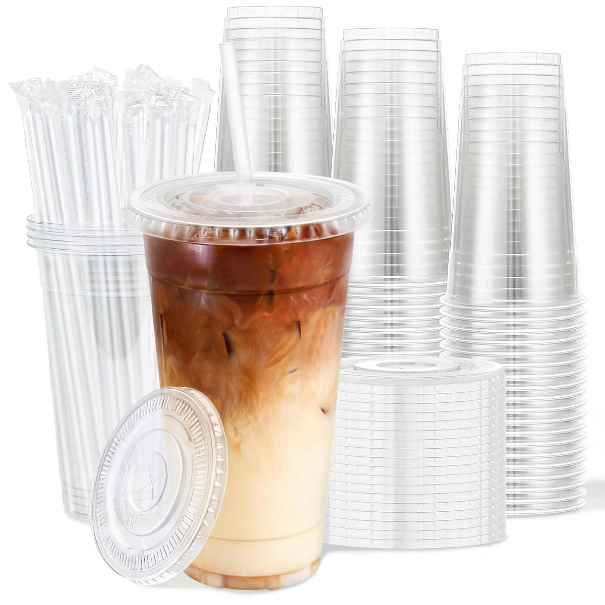 Clawsoff 100 Pack 20 oz Disposable Clear Plastic Cups with Lids and Straws