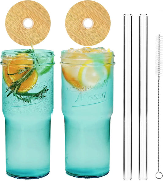 ANOTION 24oz Glass Cups with bamboo Lids and Straws 2 Packs, Travel Coffee Mug Wide Mouth Mason Jar Clear Cute Water Drinking Jars Glasses Drinkware Bottles Set Tumbler