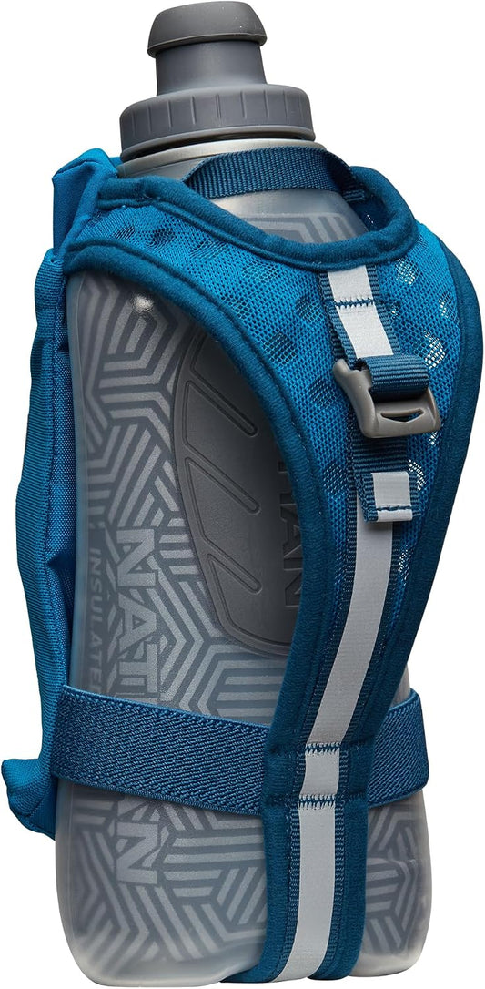 Nathan SpeedDraw 2 Insulated Handheld Running Water Bottle Flask – Double-Wall Insulation, Ergonomic Grip, Blast Valve Cap, Phone & Key Storage Pockets, Reflective Design - 18oz, Deep Blue