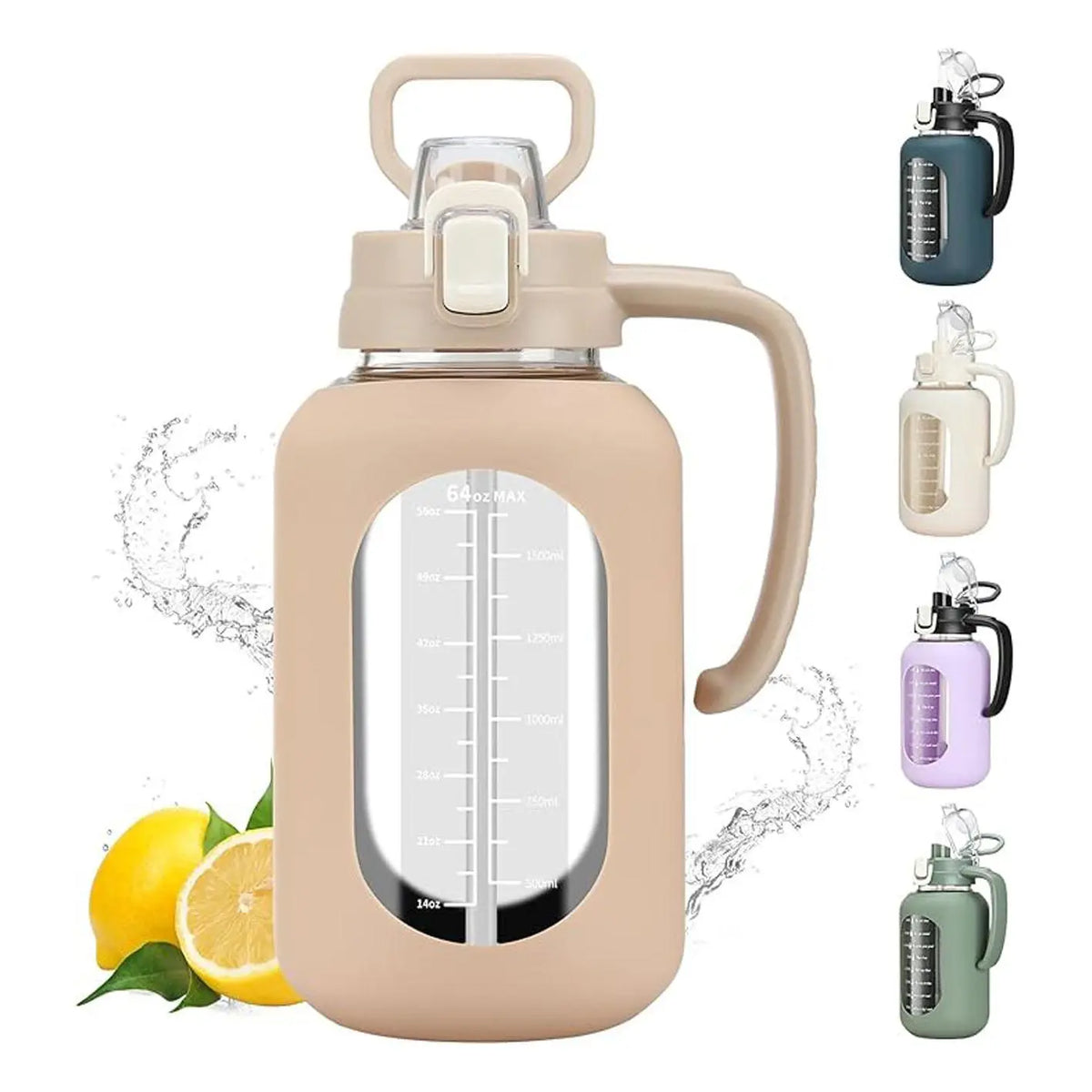 WINSA 64oz Leakproof Glass Water Bottle with Lid, Handle Grip, Time Markers, Silicone Sleeve for Gym Hiking, Coffee, Juice