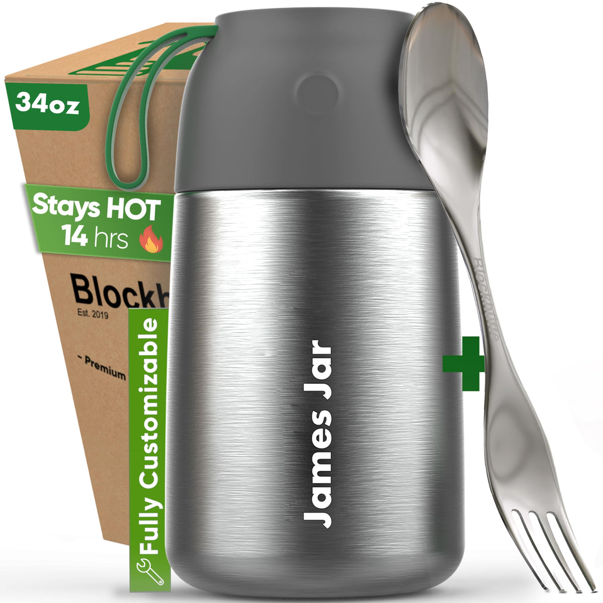 Blockhütte Small Thermo for hot Food Kids - 18 oz | Wide Mouth Food Flask with Spork & Brush | Stainless steel Soup Flask | Insulated Food Jar 14h Hot | Soup Thermo for Adults