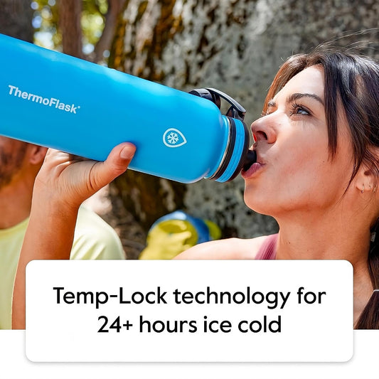 ThermoFlask 24 oz Double Wall Vacuum Insulated Stainless Steel Water Bottle - Reusable with Leakproof Chug & Straw Lids - Keeps Drinks Cold 24 hr/Hot 12 hr - Easy Maintenance - Gym/On-the-Go, Plum