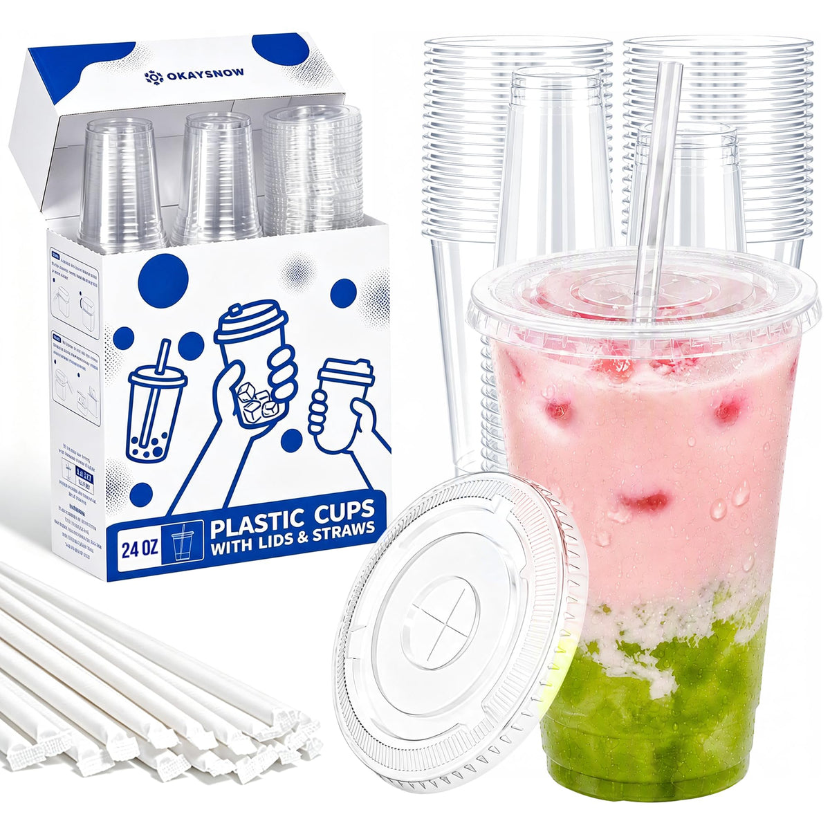 16 Oz 100 Pack Dispoable Cups with Lids and Straws