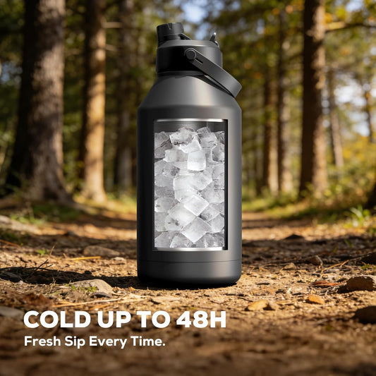 POWCAN 64 oz Insulated Water Bottle for Sports: 2-in-1 Straw & Spout Lid, Leakproof, Carrier Bag, Shoulder Strap, Keep Cold 48H, BPA-Free, Half Gallon Metal Water Jug for Gym, Travel, Gift (Midnight)
