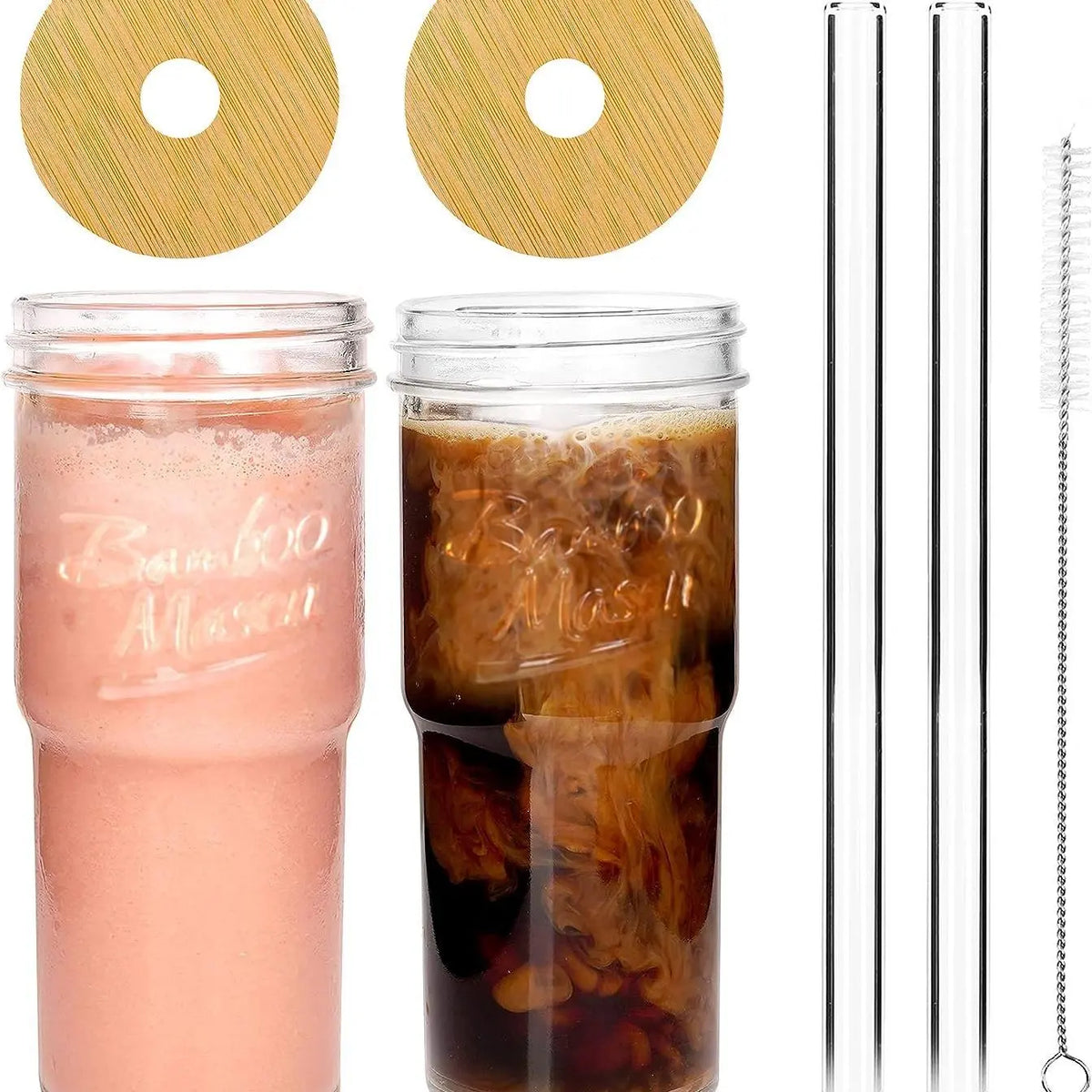 ANOTION 24oz Glass Cups with bamboo Lids and Straws 2 Packs, Travel Coffee Mug Wide Mouth Mason Jar Clear Cute Water Drinking Jars Glasses Drinkware Bottles Set Tumbler