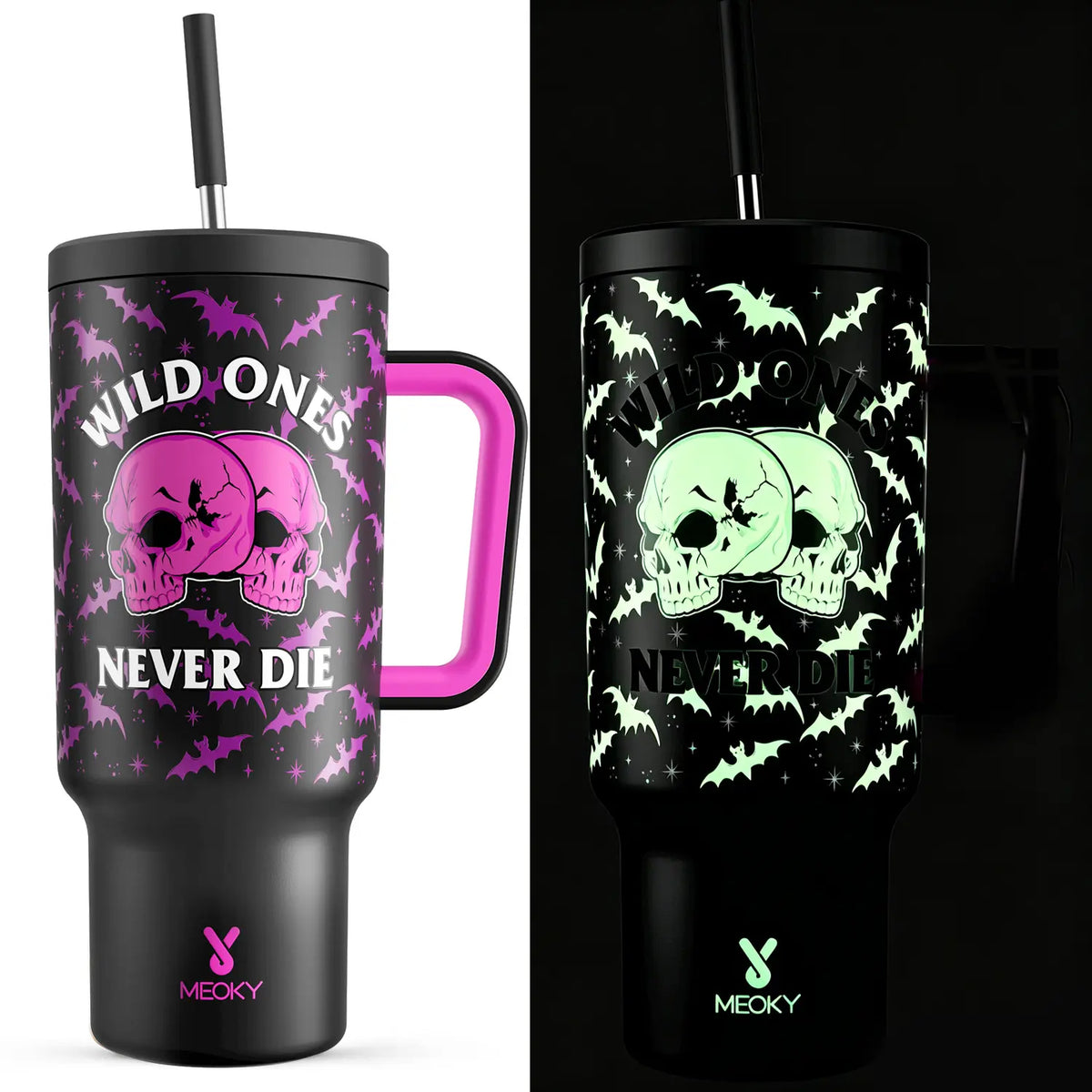 MEOKY 40oz Glow-in-the-Dark Star Print Blush Pink Leakproof Tumbler with Handle - Double Wall Insulated Stainless Steel Vacuum Flask, Non-Slip Base, Car-Friendly BPA-Free, Built-in Straw, Glow Pink Starry, Fun Design #tiktokshopstockup,sohochic