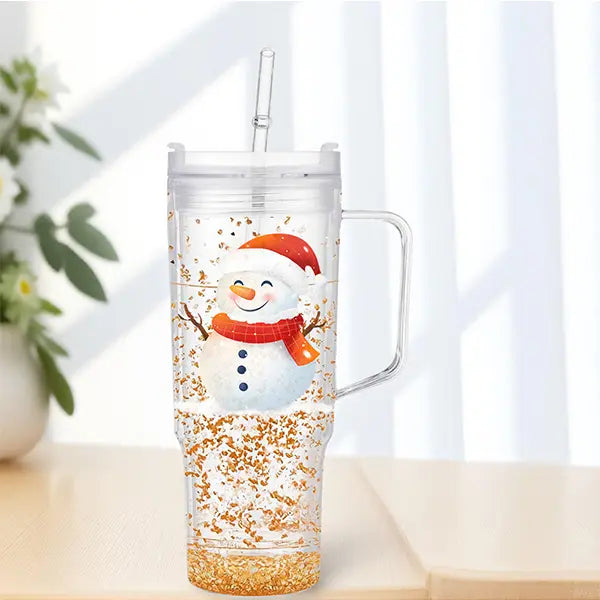 VAKAROTK 20pcs 40oz Snow Globe Acrylic Handle Tumbler, Double-Wall Plastic Cup with Handle Straw, DIY Glitter Gift Drinkware Bottle