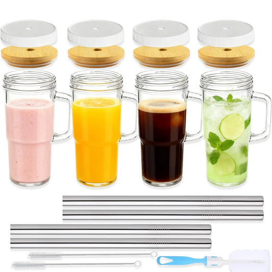 4pcs 24oz Non-Striped Glass Cups with Bamboo Lids, Straws, Glass Body & Handle Grip - Portable Classic Cold Beverage Tumbler, Reusable On-The-Go Kitchen Drinkware, Perfect for Gifts