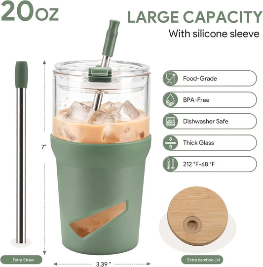 【Olivego】20oz Eco-Friendly Reusable Glass Water Tumbler - Portable 2-in-1 Cup with Bamboo Lid, Straw, Anti-Slip Silicone Sleeve, Wide-Mouth Clean, Slim Fit - Durable, Stylish Non-Insulated Hand Wash On-the-Go Drinkware for Coworkers, Adulting Gifts