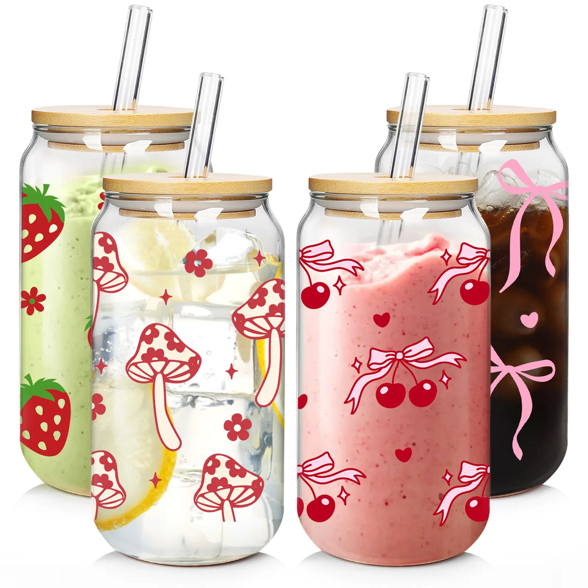 Summervibes 20oz Cherry Print Glass Tumblers with Bamboo Lids & Straws, Cute Drinking Glasses for Women, Reusable, pink bow