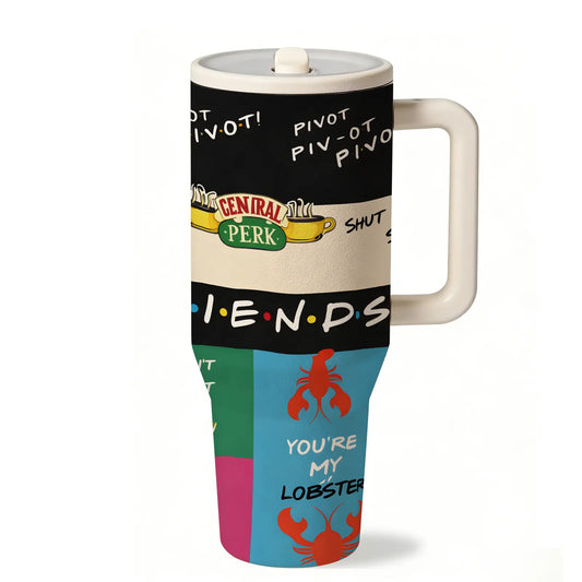 1pc 40oz Friends Coffeehouse Tumbler, Insulated Drinkware, Stainless Steel Insulated Mug with Handle, Vacuum Insulated Cups, Retro Quote Travel Cup for Coffee, Tea and Cold Drinks, Large Capacity Vacuum Flask Gift for Friends, Dad Tumbler