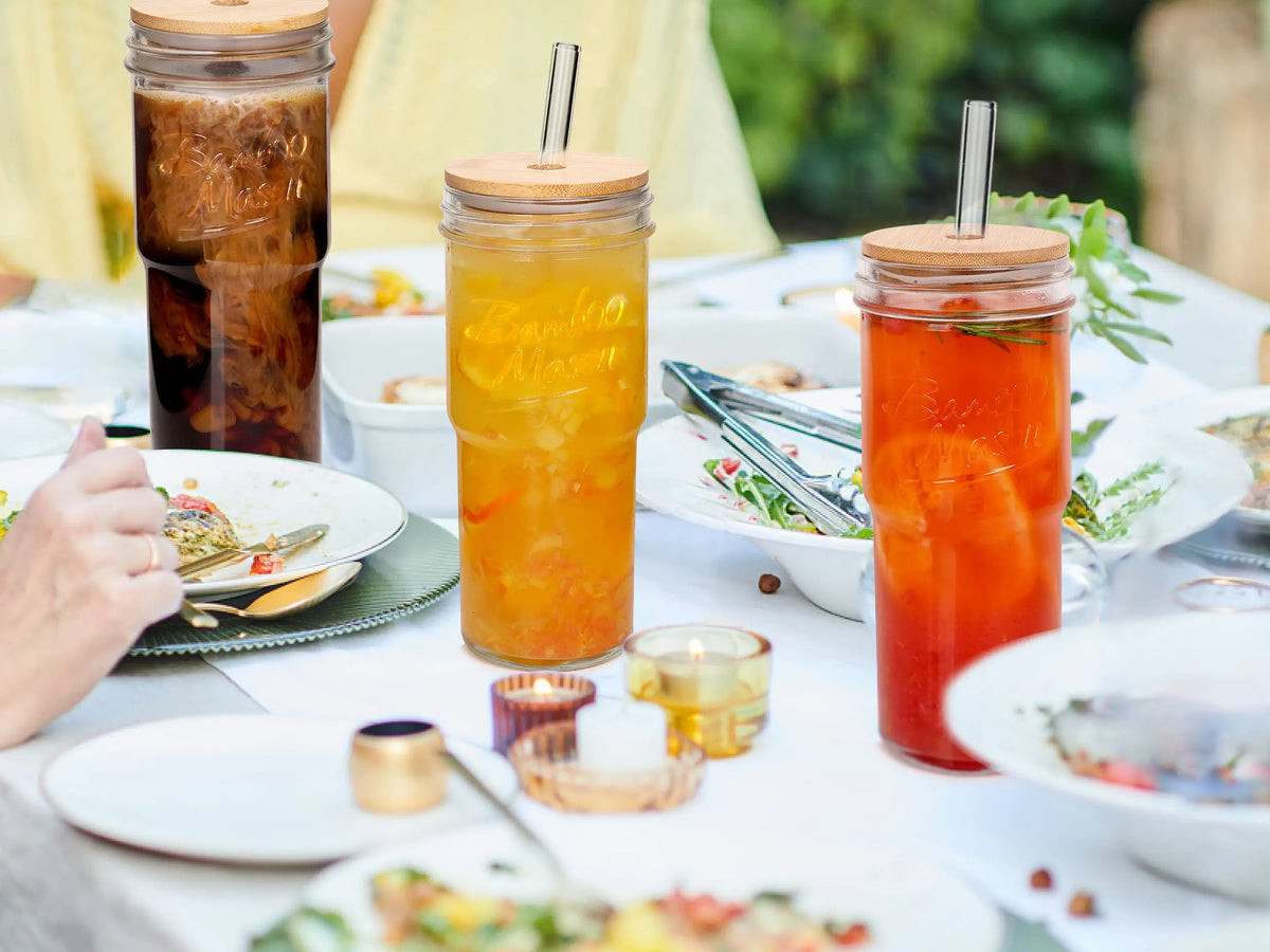 ANOTION Glass Cups with Lids and Straws 4 Packs, 24oz Travel Coffee Mug Wide Mouth Mason Jar Iced Boba Cute Water Cups Drinking Jars Glasses Bamboo Drinkware Set Tumbler Water Bottles
