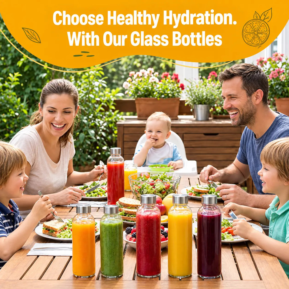 Glass Bottles with Stainless Steel Lids Set of 6 | Leakproof BPA-Free Reusable Juice & Water Bottles for Refrigerator
