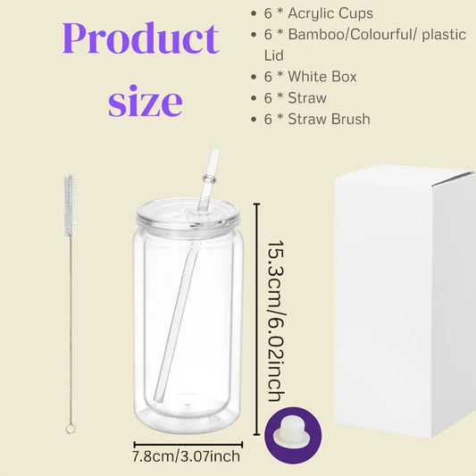 14pcs 16oz Reusable Leak-Proof Double-Wall Acrylic Snow Globe Tumbler Set - 6 Cups, 8 Mix Stickers, DIY Glitter-Filled Plastic Jars, Pre-Drilled for UV DTF Wraps, Insulated Straw Cups, Portable, Washable, Holiday Gifts