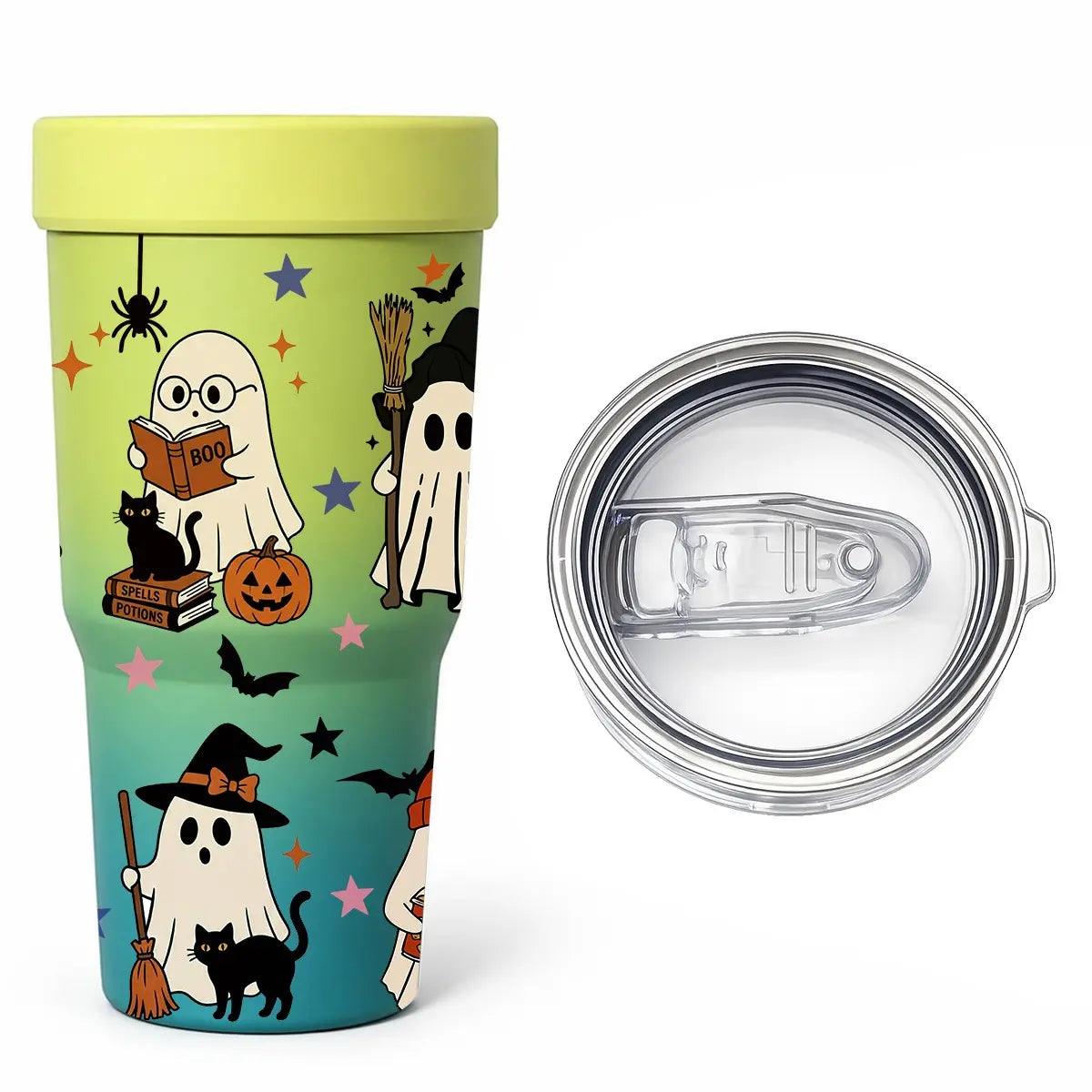 1 PC Halloween Ghost & Black Cat Print 2-in-1 Insulated Can Cooler, Includes Tumbler Lid, Converts to Travel Tumbler, Double Wall Vacuum Stainless Steel Flask, Fits Most 16-24oz To-Go Coffee & Bubble Tea Cups, Perfect for Halloween, Christmas & Daily Use