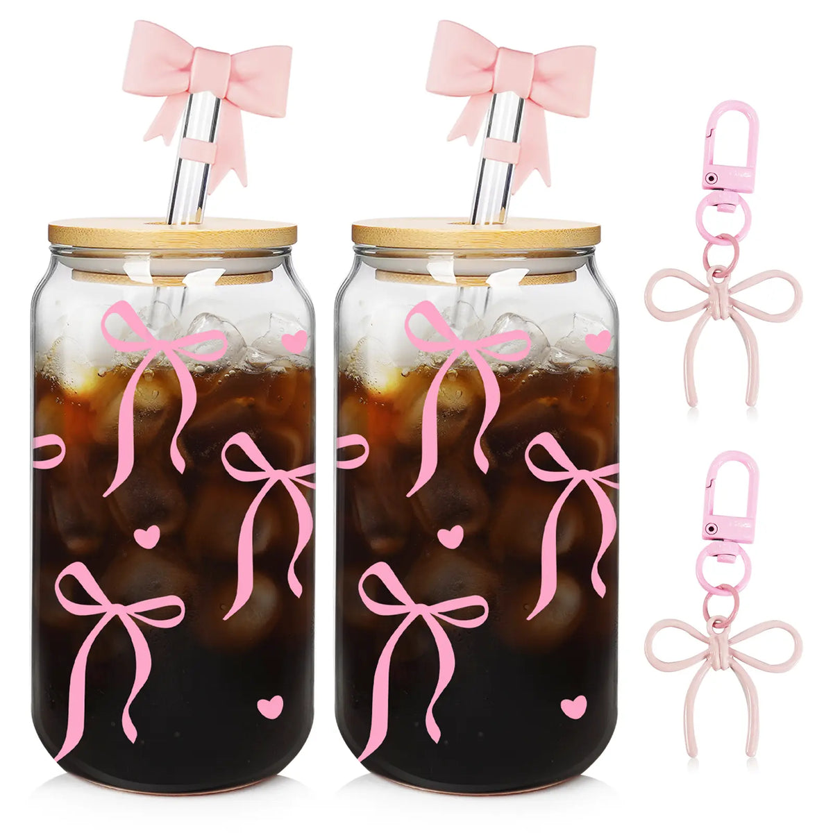 Summervibes 20oz Cherry Print Glass Tumblers with Bamboo Lids & Straws, Cute Drinking Glasses for Women, Reusable, pink bow