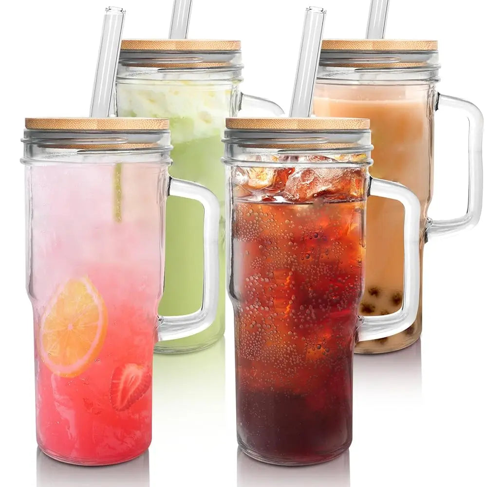 ANOTION 24oz Glass Cups with Lids and Straws with Handle  -Tumbler Coffee Cups Mason Jar Cups Drinking Set Coffee Bar Accessories