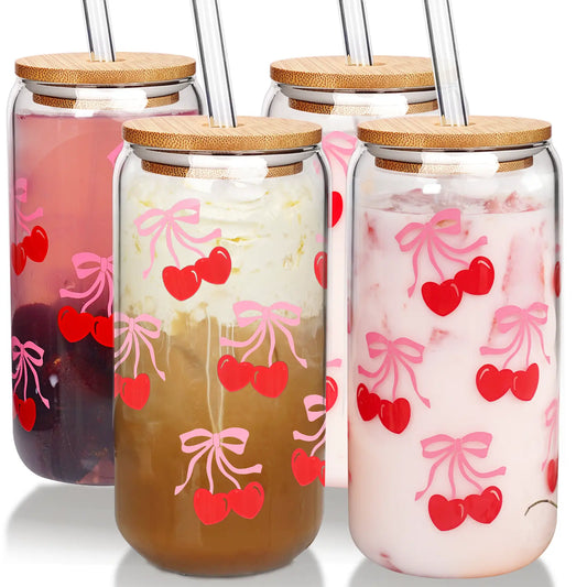 Summervibes 20oz Cherry Print Glass Tumblers with Bamboo Lids & Straws, Cute Drinking Glasses for Women, Reusable, pink bow