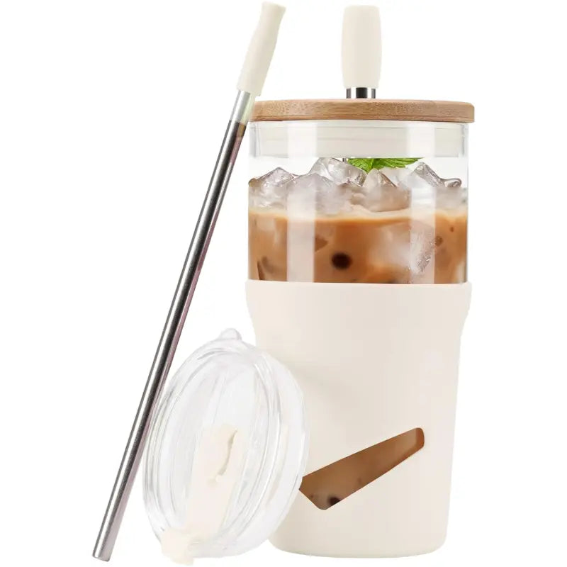【Olivego】20oz Eco-Friendly Reusable Glass Water Tumbler - Portable 2-in-1 Cup with Bamboo Lid, Straw, Anti-Slip Silicone Sleeve, Wide-Mouth Clean, Slim Fit - Durable, Stylish Non-Insulated Hand Wash On-the-Go Drinkware for Coworkers, Adulting Gifts