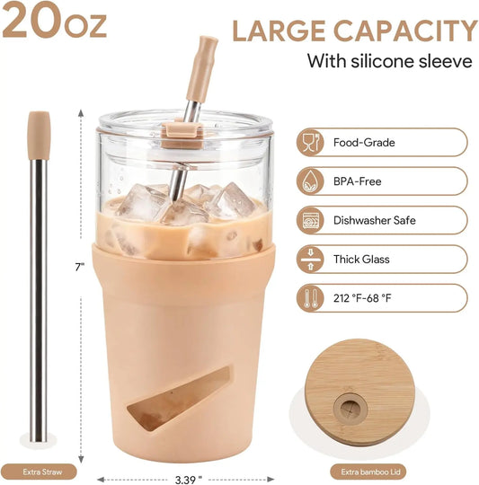 Olivego Eco-friendly 20oz BPA-free Lead-free Reusable Glass Water Bottle Tumbler - Bamboo 2-in-1 Straw Lid, Anti-slip Silicone Sleeve, Portable, Washable, Durable Kitchenware Drinkware, Car-cup Holder Fit, Outdoor Iced Coffee Use