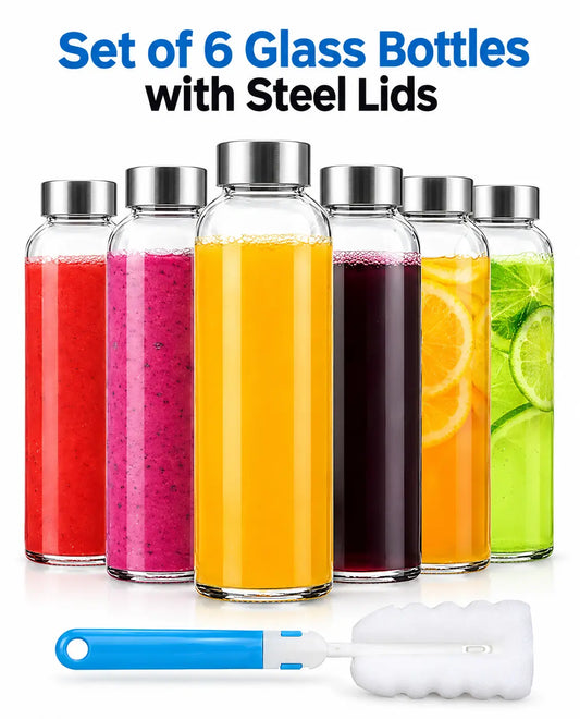 Glass Bottles with Stainless Steel Lids Set of 6 | Leakproof BPA-Free Reusable Juice & Water Bottles for Refrigerator