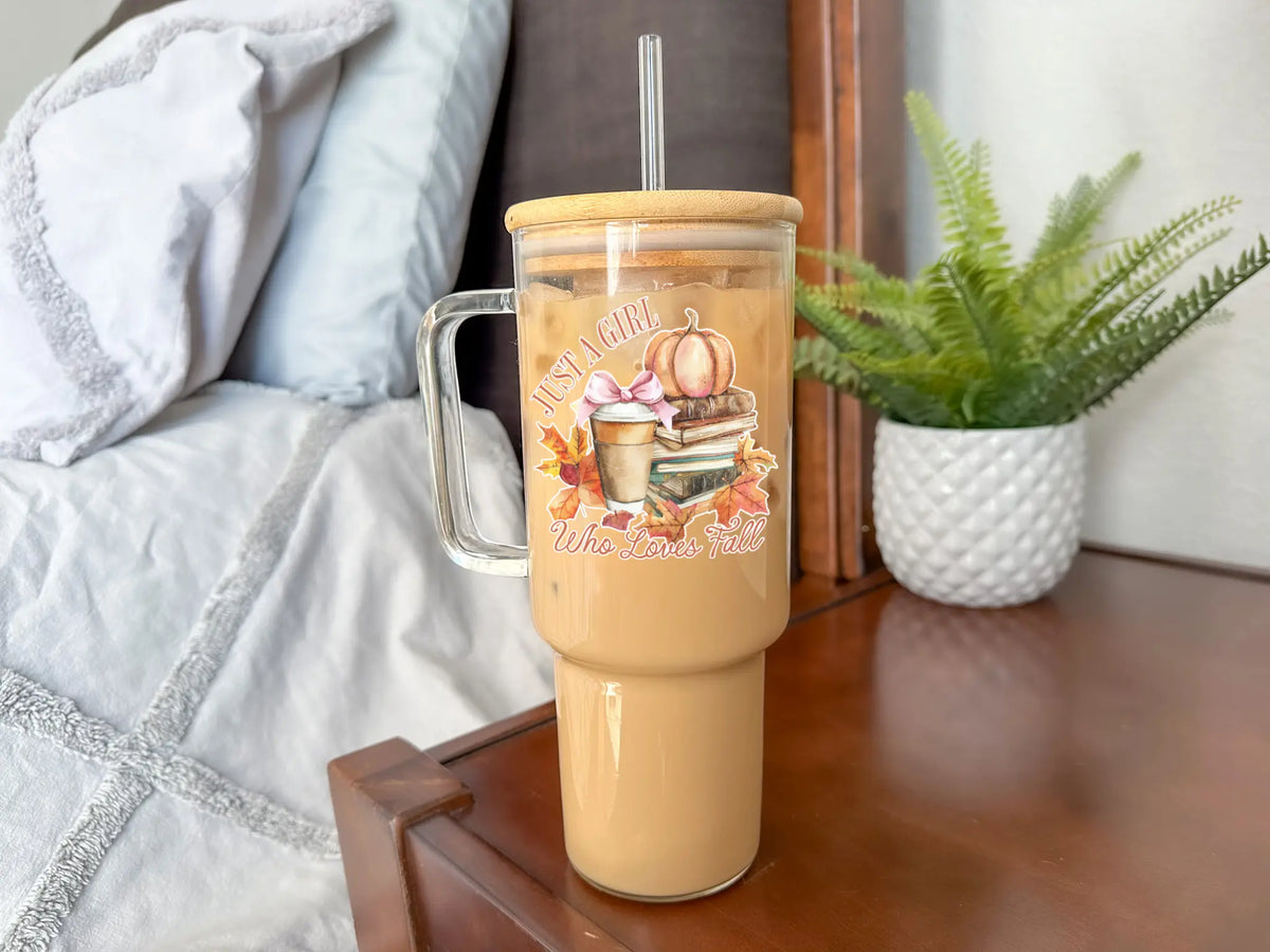 SIP-SIP HOORAY! 40oz Reusable Glass Water Bottle - Fall Collection Pumpkin Design with Washable Handle, Bamboo Lid, Silicone Straw for Hand Wash Coffee Cup Use