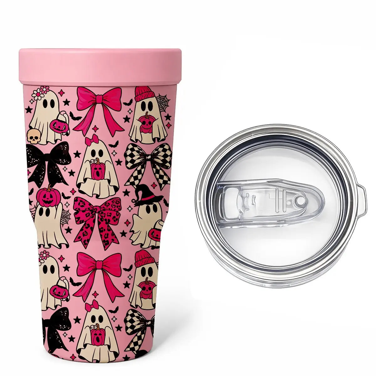 1 PC Halloween Ghost & Black Cat Print 2-in-1 Insulated Can Cooler, Includes Tumbler Lid, Converts to Travel Tumbler, Double Wall Vacuum Stainless Steel Flask, Fits Most 16-24oz To-Go Coffee & Bubble Tea Cups, Perfect for Halloween, Christmas & Daily Use