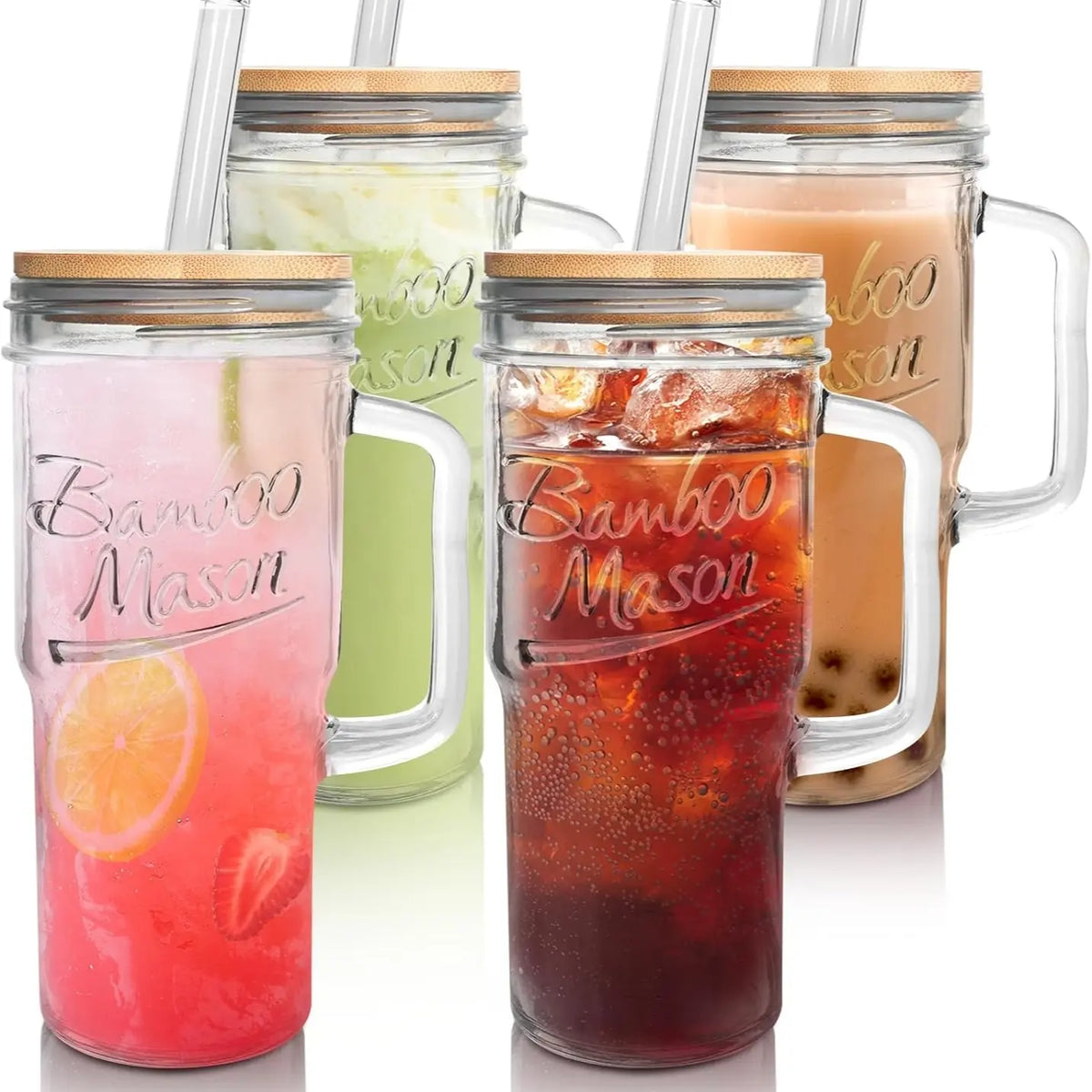 ANOTION 24oz Glass Cups with Lids and Straws with Handle  -Tumbler Coffee Cups Mason Jar Cups Drinking Set Coffee Bar Accessories