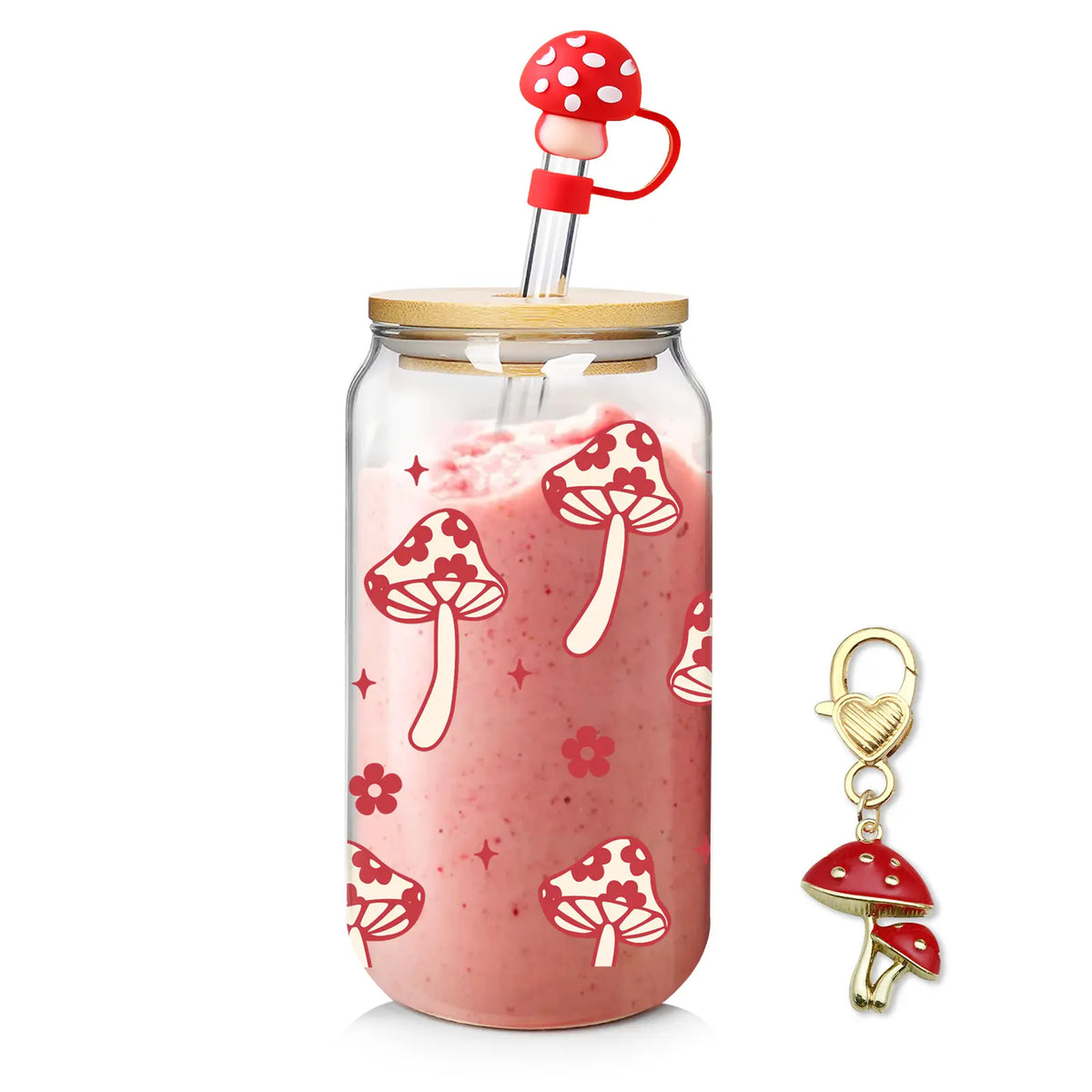 Summervibes 20oz Cherry Print Glass Tumblers with Bamboo Lids & Straws, Cute Drinking Glasses for Women, Reusable, pink bow