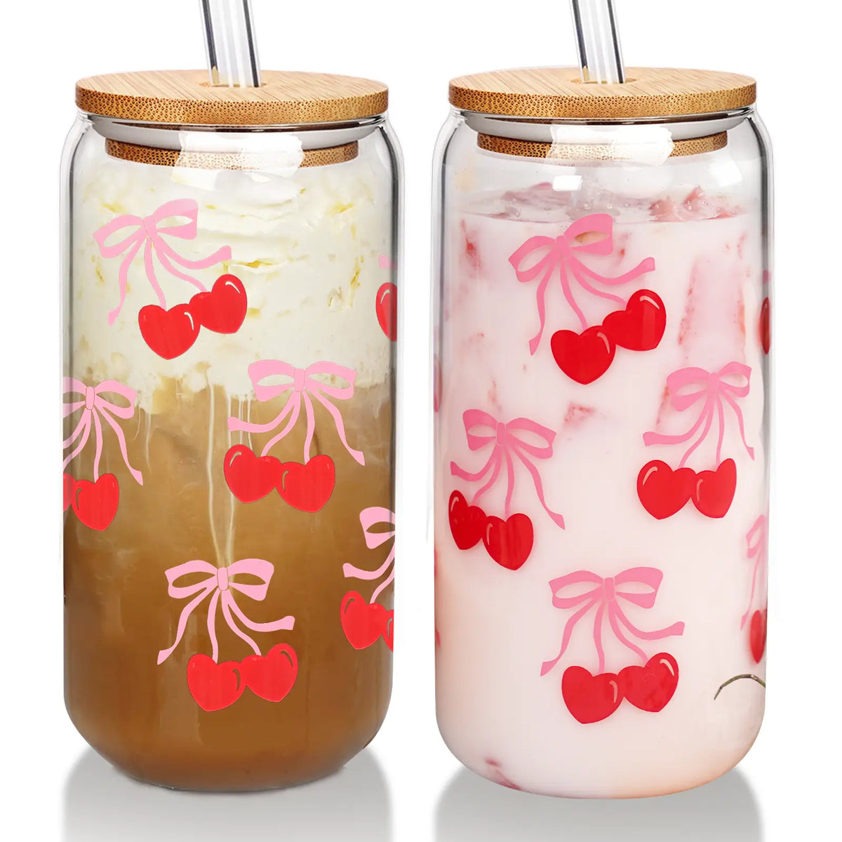 Summervibes 20oz Cherry Print Glass Tumblers with Bamboo Lids & Straws, Cute Drinking Glasses for Women, Reusable, pink bow